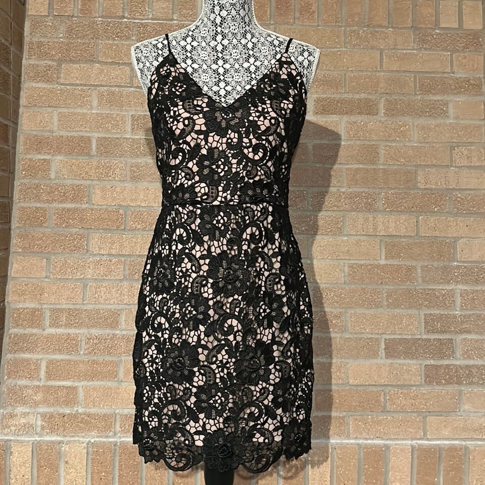 Awesome LACE Dress!Express Black Lace Overlay Nude Slip Spaghetti Strap Dress